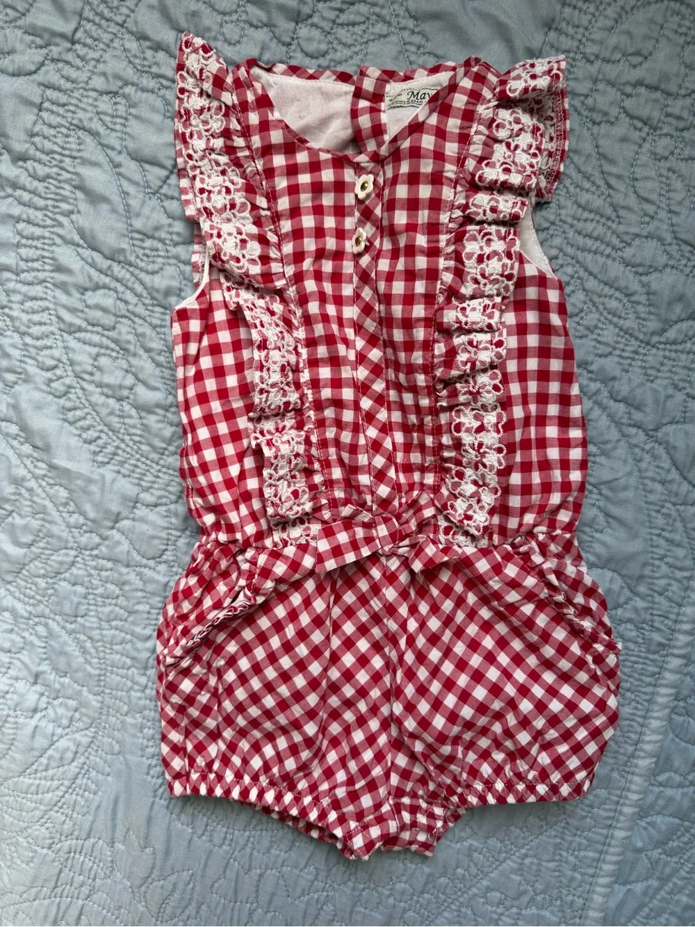 Mayoral Red and White Gingham Lace-Trim One-Piece
